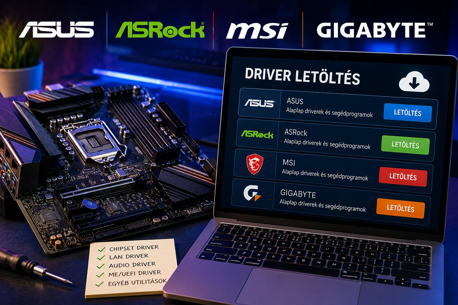 Alaplapi driverek letöltése: ASUS, ASRock, MSI és Gigabyte útmutató 2026
