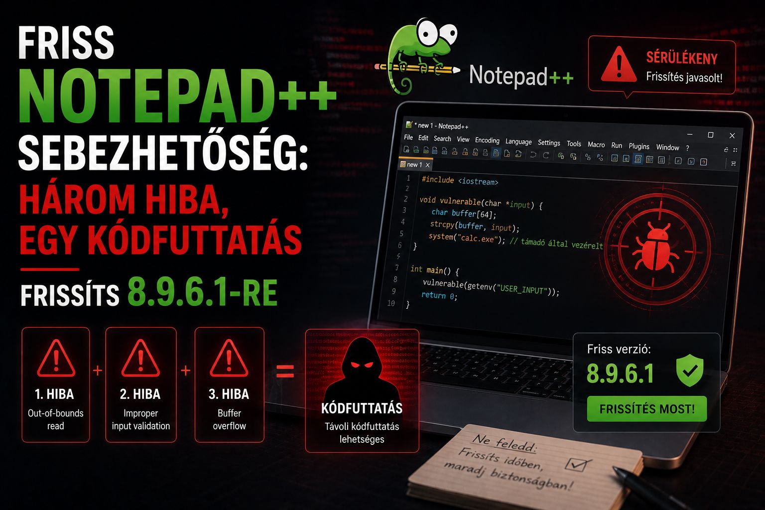 Friss Notepad++ sebezhetőség: három hiba, egy kódfuttatás — frissíts 8.9.6.1-re