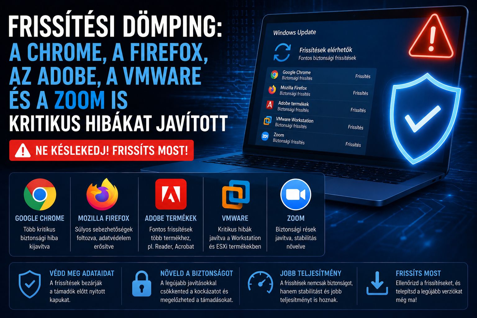 Frissítési dömping: a Chrome, a Firefox, az Adobe, a VMware és a Zoom is kritikus hibákat javított – ezeket telepítsd most