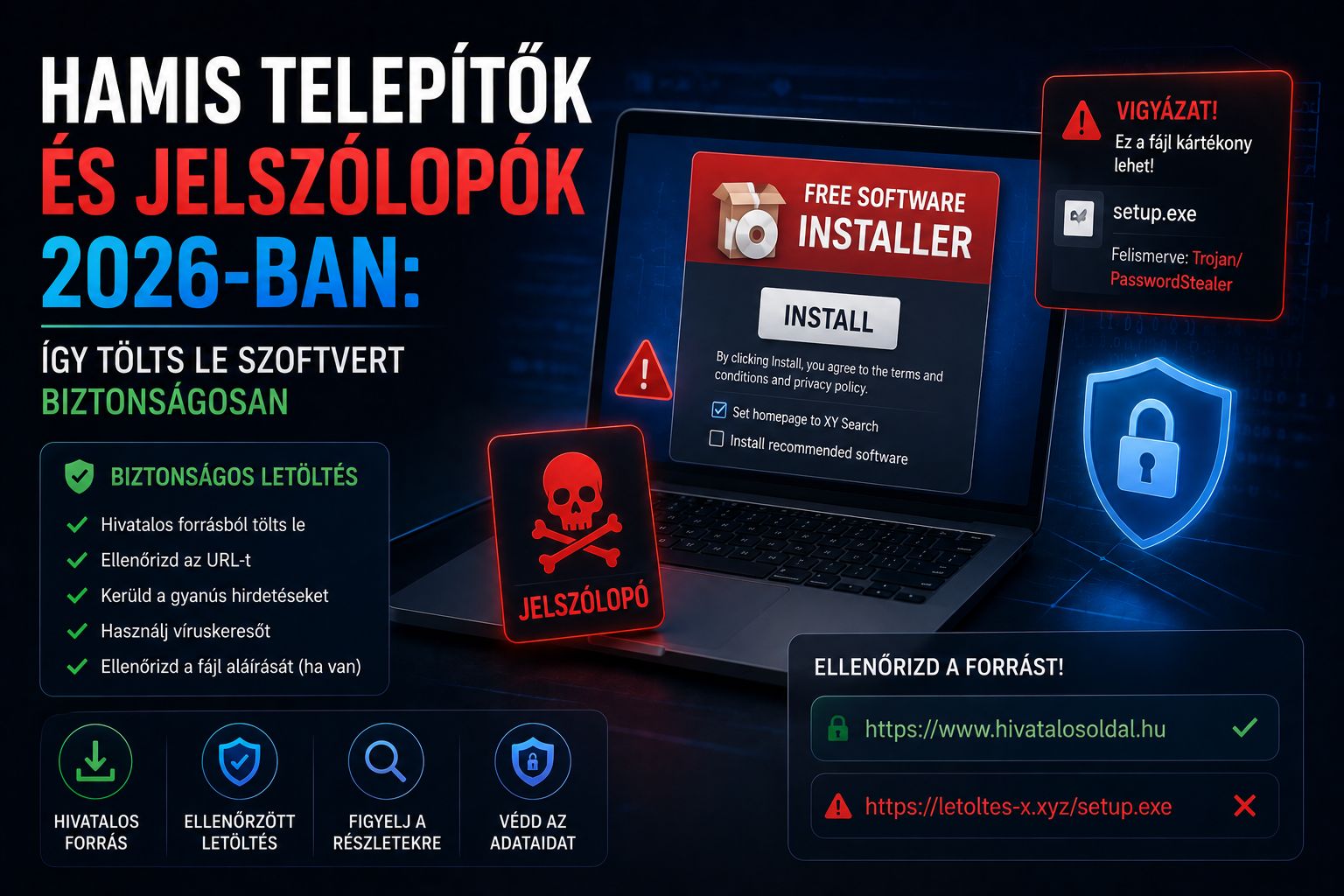 Hamis telepítők és jelszólopók 2026-ban: így tölts le szoftvert biztonságosan
