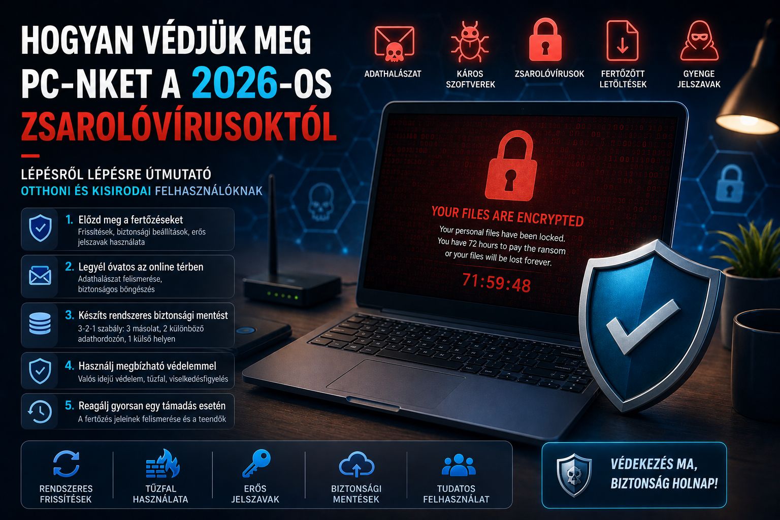 Hogyan védjük meg PC-nket a 2026-os zsarolóvírusoktól — lépésről lépésre útmutató otthoni és kisirodai felhasználóknak