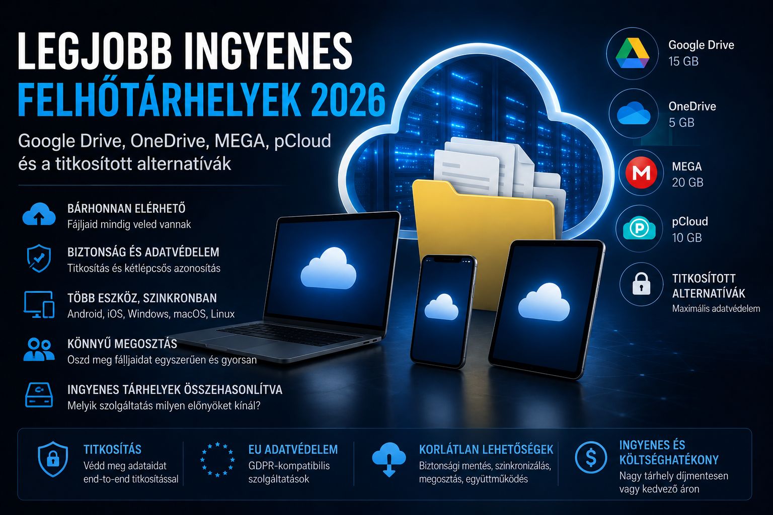 Legjobb ingyenes felhőtárhelyek 2026 – Google Drive, OneDrive, MEGA, pCloud és a titkosított alternatívák