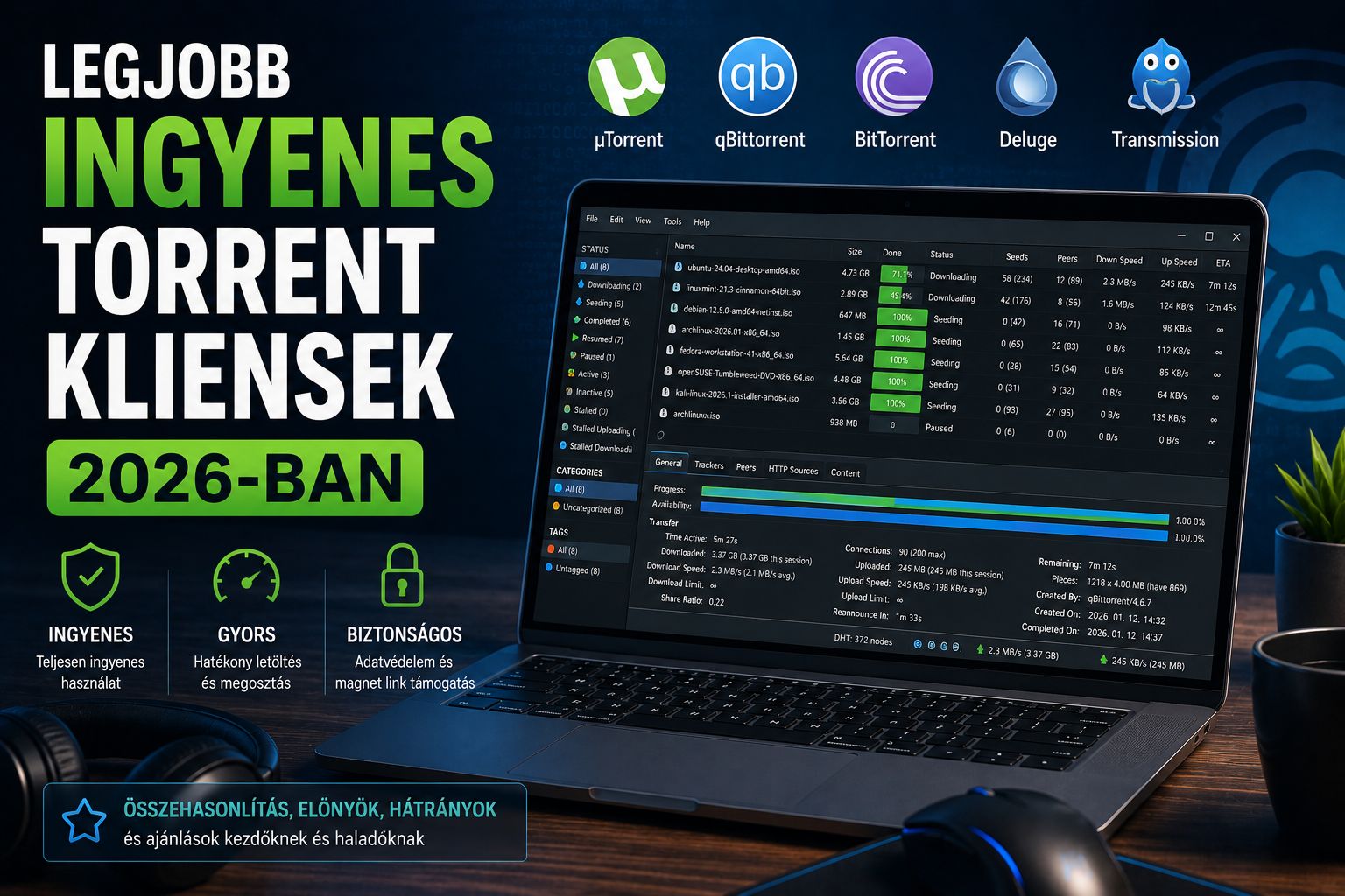 Legjobb ingyenes torrent kliensek 2026-ban — biztonságos, reklámmentes letöltőprogramok
