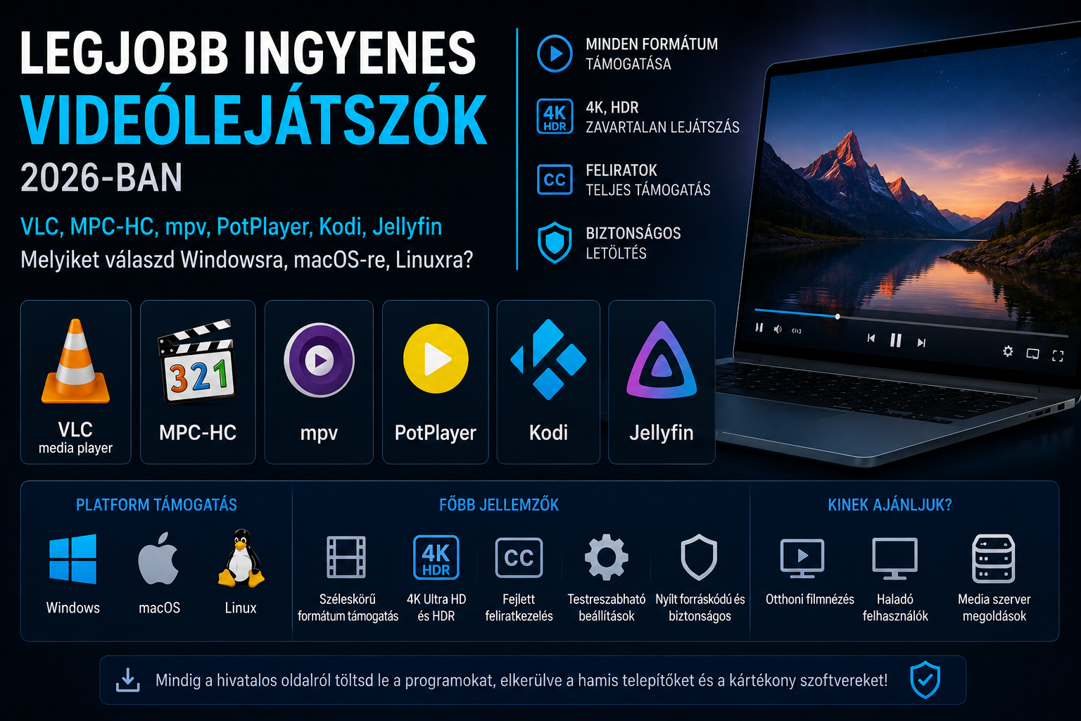 Legjobb ingyenes videólejátszó programok 2026-ban — melyiket válaszd Windowsra, macOS-re és Linuxra?