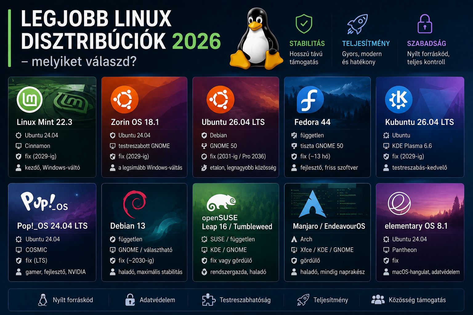 Legjobb Linux disztribúciók 2026 – melyiket válaszd? (nagy összehasonlítás magyarul)