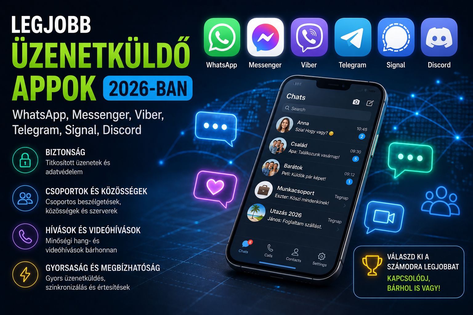 Legjobb üzenetküldő appok 2026-ban — WhatsApp, Messenger, Viber, Telegram, Signal, Discord
