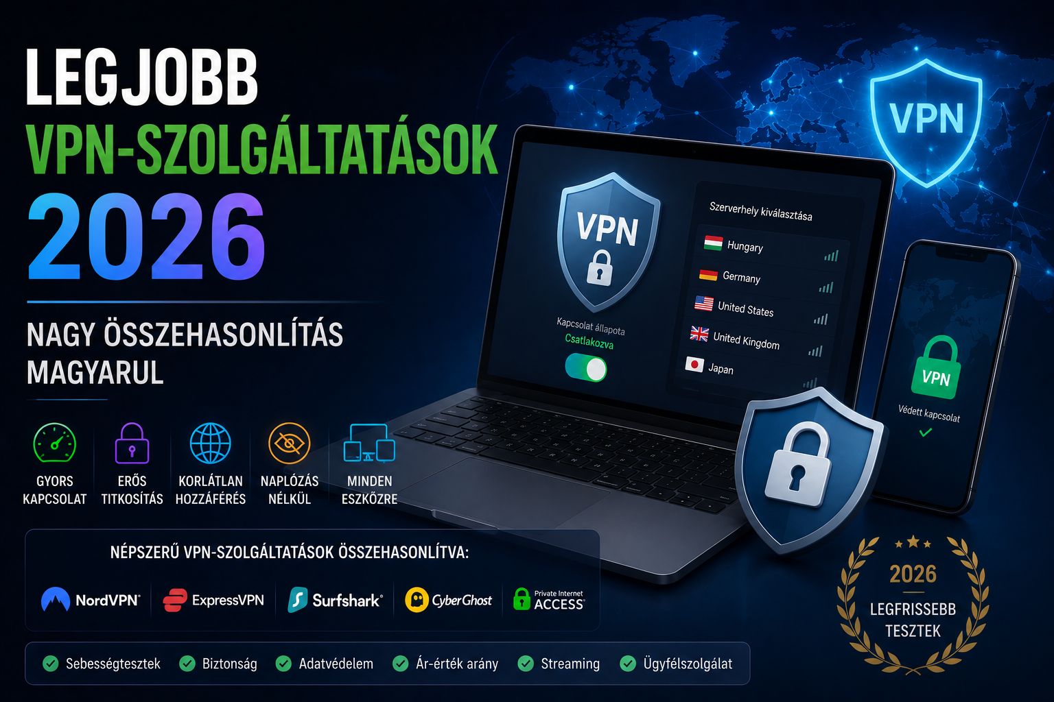 Legjobb VPN-szolgáltatások 2026 – nagy összehasonlítás magyarul