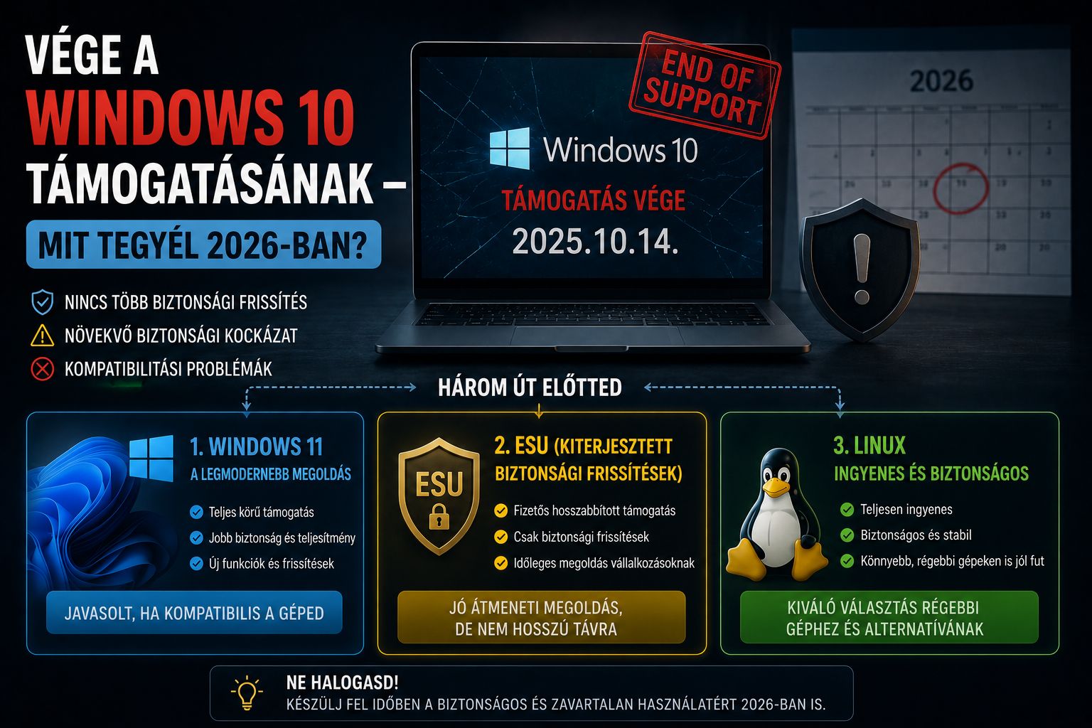 Vége a Windows 10 támogatásának — mit tegyél 2026-ban? Windows 11, ESU vagy Linux