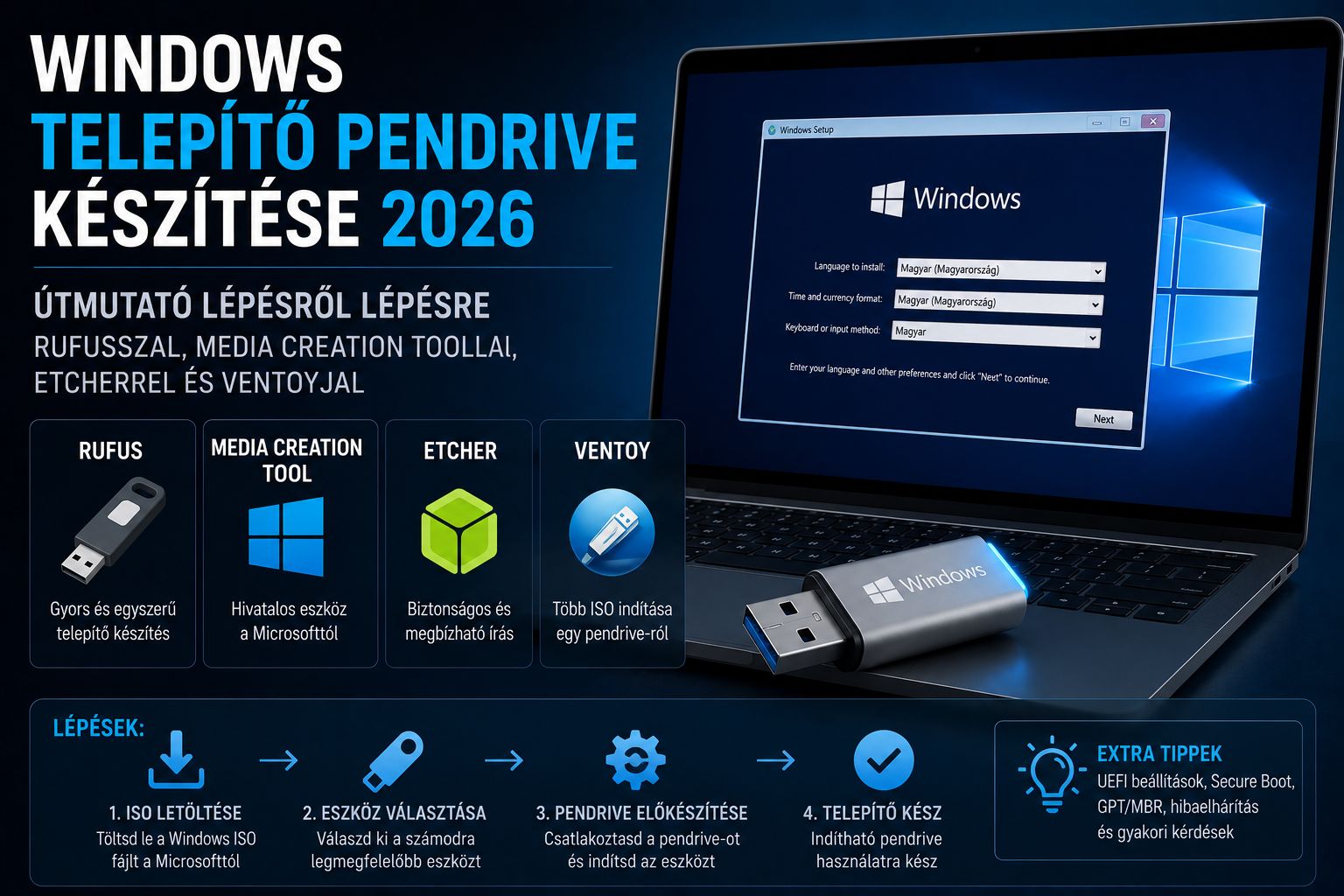 Windows telepítő pendrive készítése 2026 – útmutató Rufusszal, Media Creation Toollal, Etcherrel és Ventoyjal