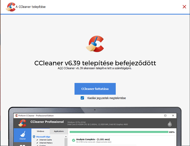 CCleaner befejezte az installálást