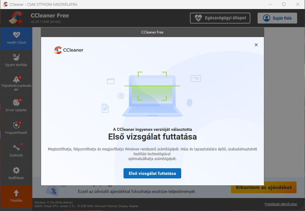 CCleaner vizsgálat futtatása