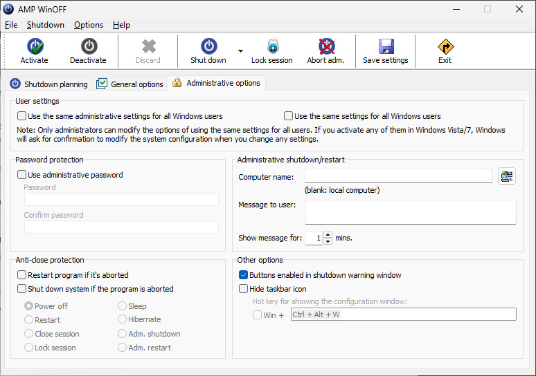 AMP WinOFF adminisztativ beállítások