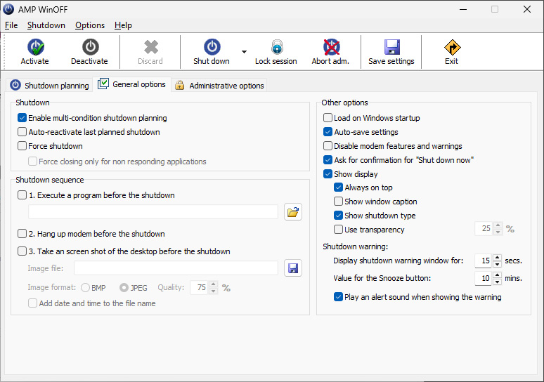 AMP WinOFF általános beállítások
