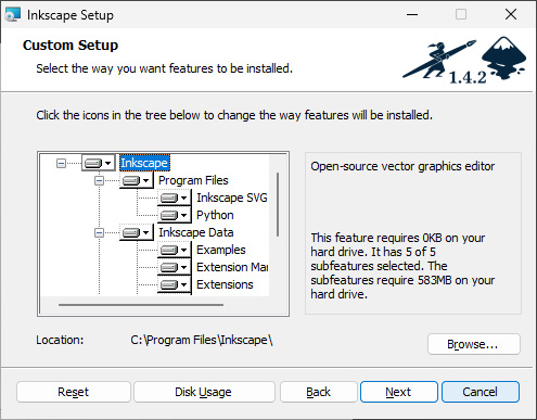 Inkscape komponensek választása
