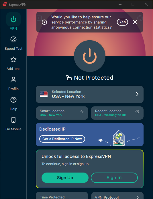 ExpressVPN nyitóképernyő