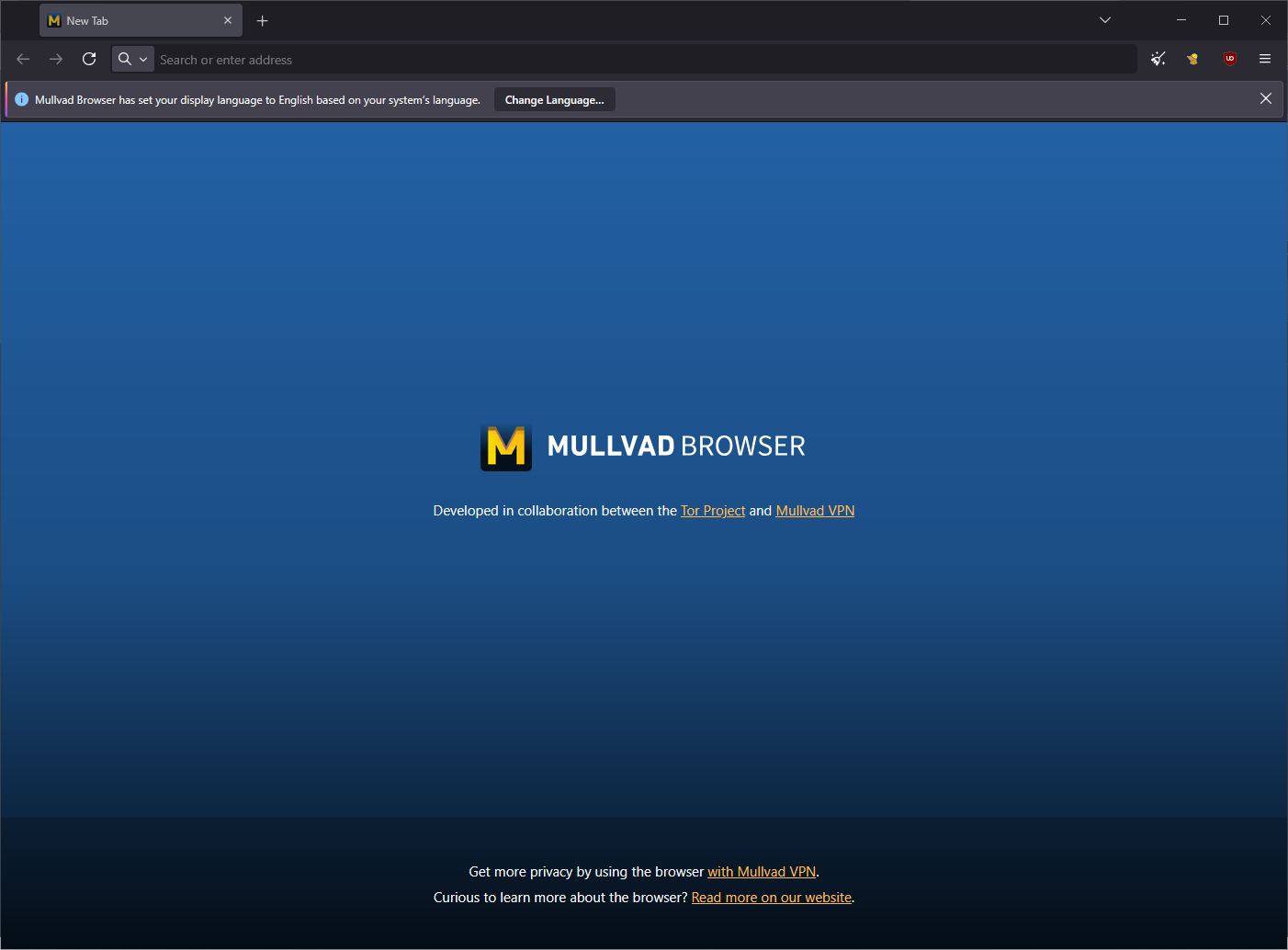 Mullvad Browser nyitóképernyő