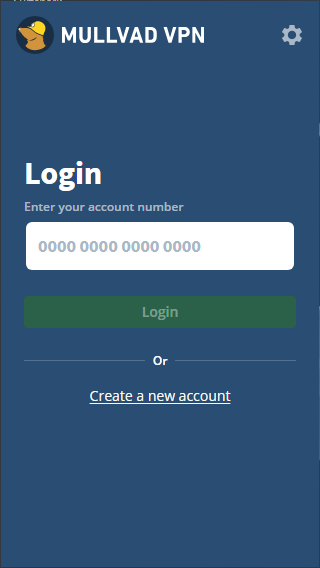 Mullvad VPN nyitóképernyő