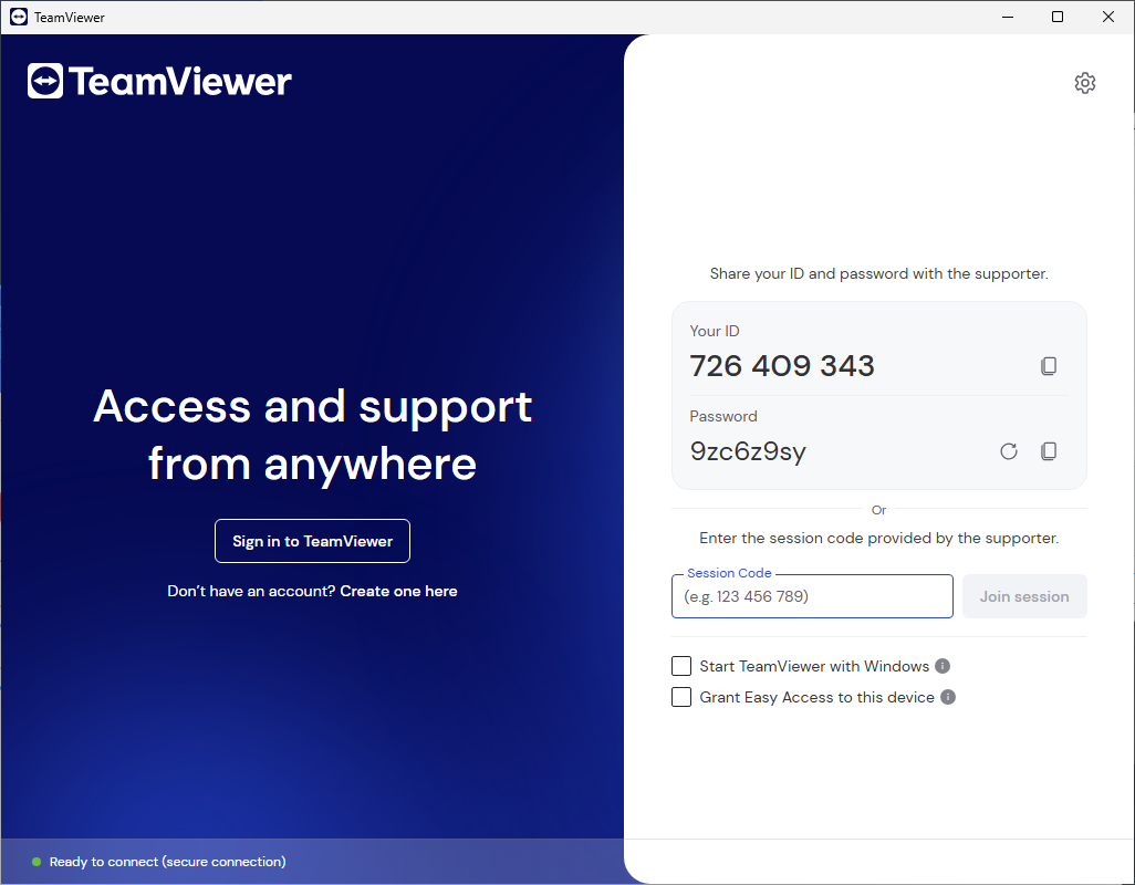 TeamViewer nyitóképernyő