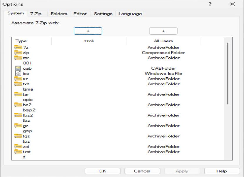 7zip beállítások