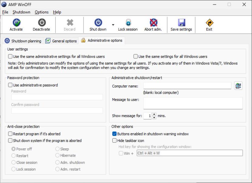 AMP WinOFF adminisztativ beállítások