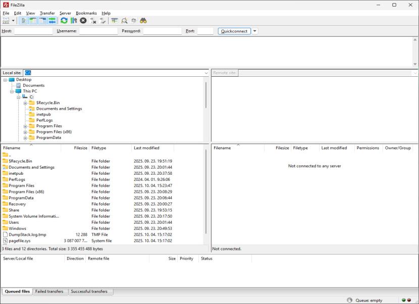 Filezilla nyitóképernyő