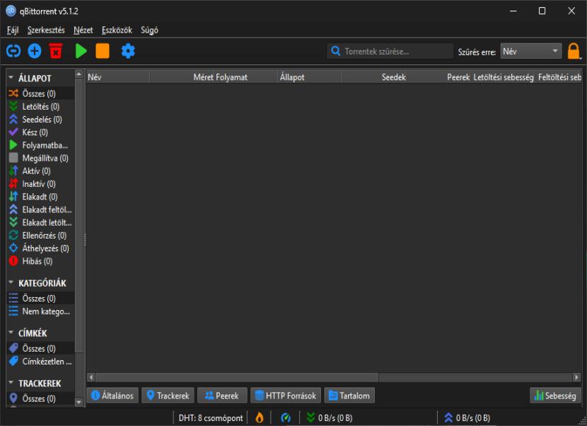 qBittorrent nyitóképernyő
