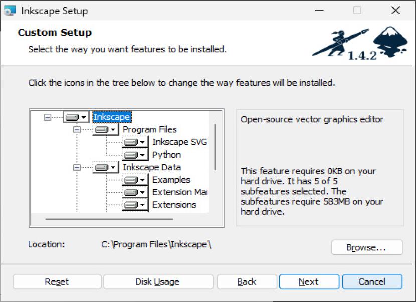 Inkscape komponensek választása