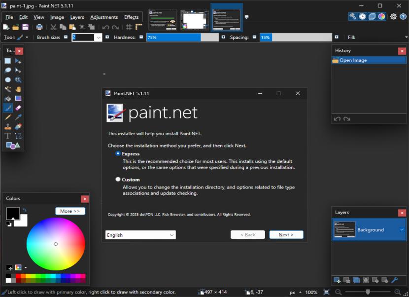 Paint.net nyitóképernyő