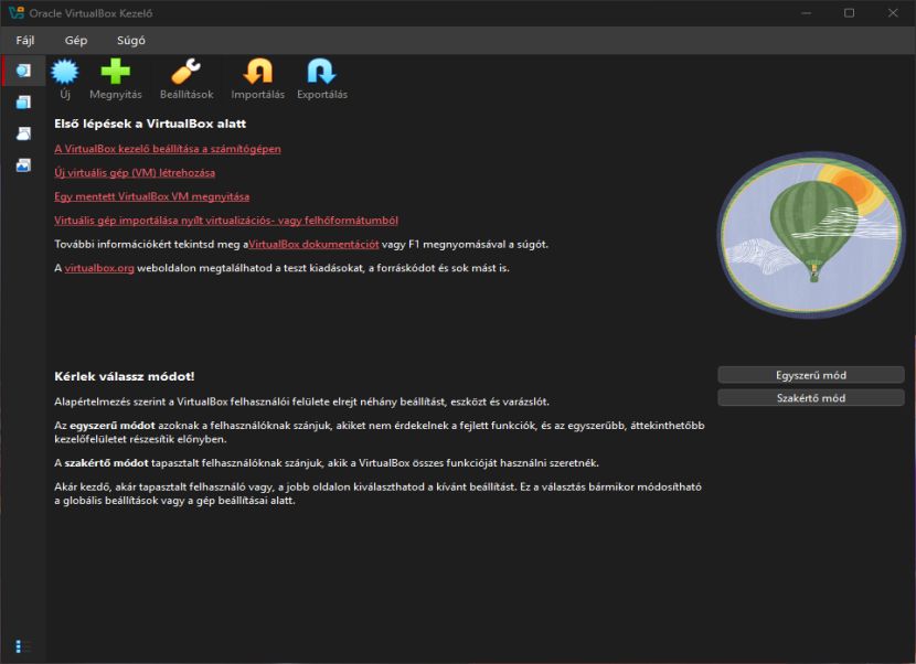 Virtualbox nyitóképernyő