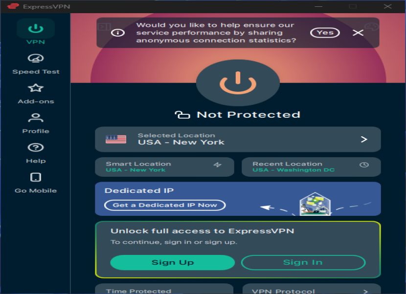 ExpressVPN nyitóképernyő