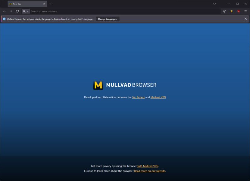 Mullvad Browser nyitóképernyő
