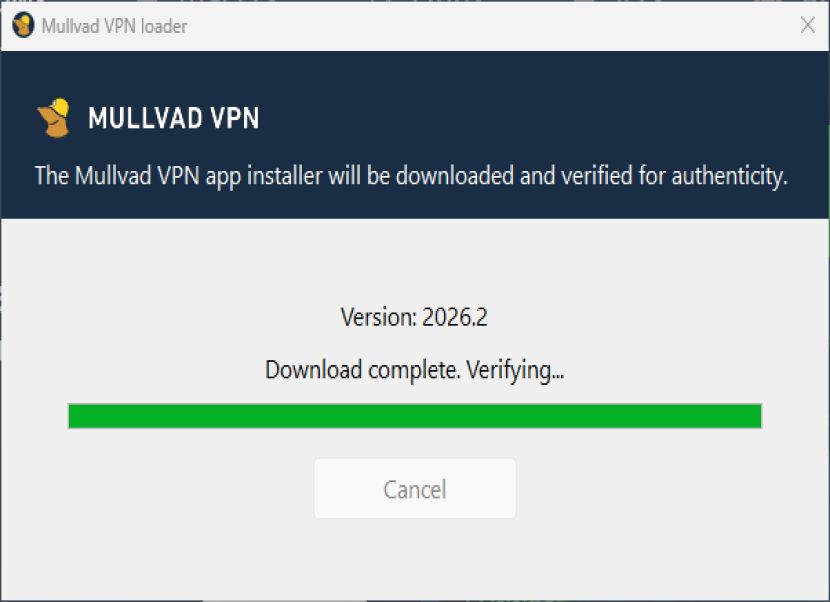 Mullvad VPN letöltés befejezése