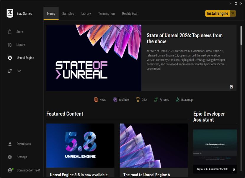 Epic Games Launcher nyitóképernyő