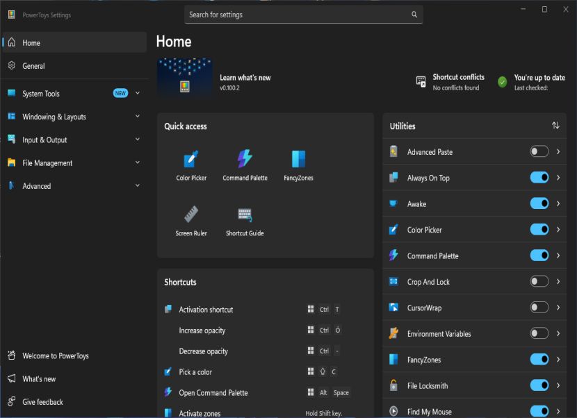Microsoft PowerToys nyitóképernyő