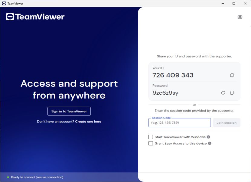 TeamViewer nyitóképernyő