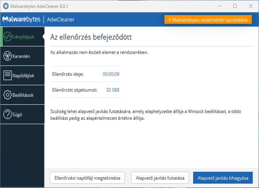 AdwCleaner eredmény