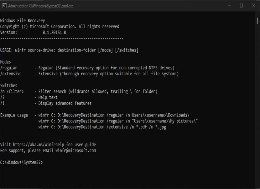 Windows File Recovery command