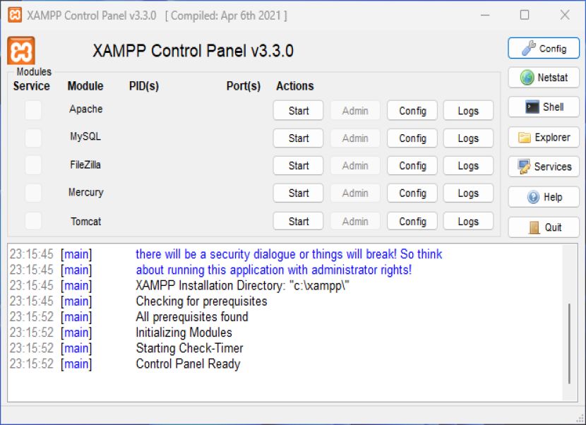 XAMPP control panel
