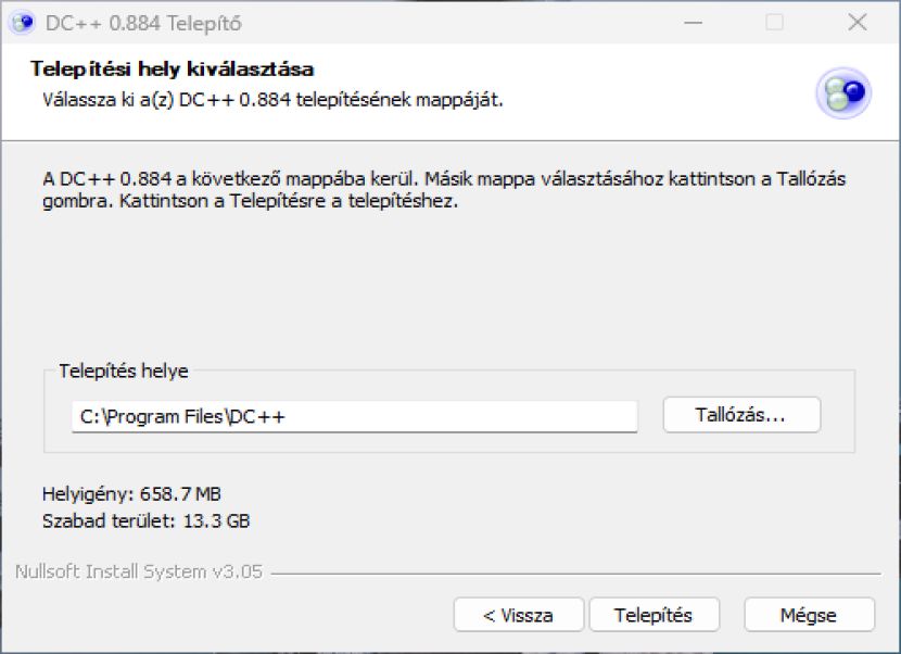 DC++ hely kiválasztása