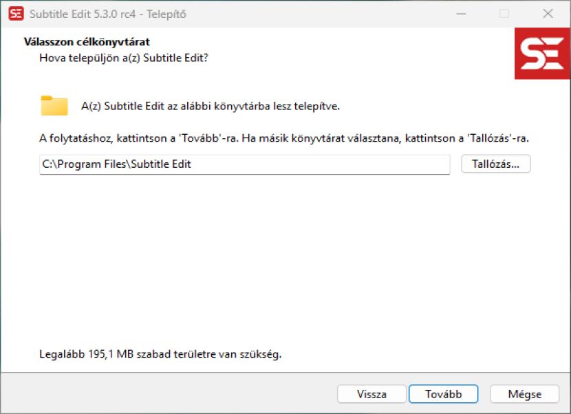 Subtitle Edit 5 telepítési hely
